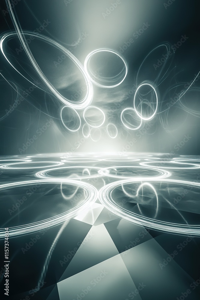 Poster conceptual design of time rings glowing faintly and forming geometric patterns above reflective matt