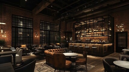Luxurious dimly lit industrial-style bar and lounge with leather seating, brick walls, and a large glass-enclosed back bar.