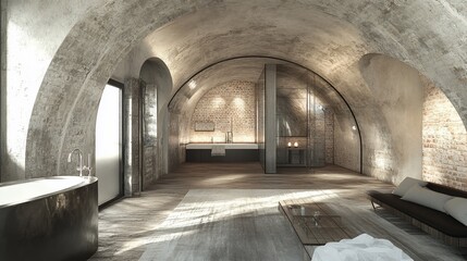 Luxurious bathroom in a vaulted brick cellar.