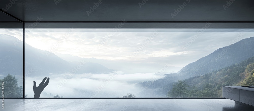 Poster silhouette of hand against foggy glass window with scenic mountain view and open space for text addi