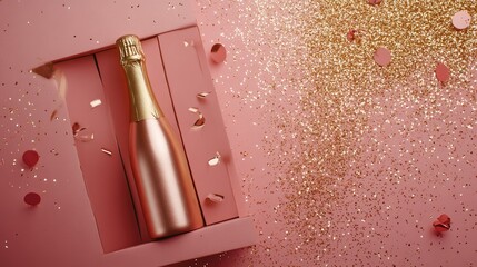 Luxury champagne gift box with sparkling background for festive celebrations and special occasions with confetti and glitter.