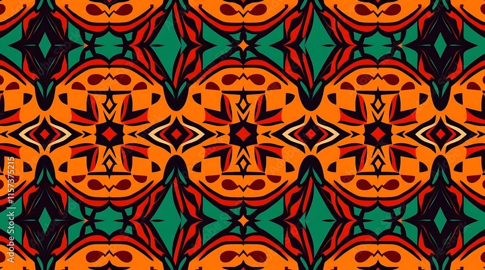 Poster vibrant geometric pattern: an abstract, seamless pattern bursting with color and intricate details, 