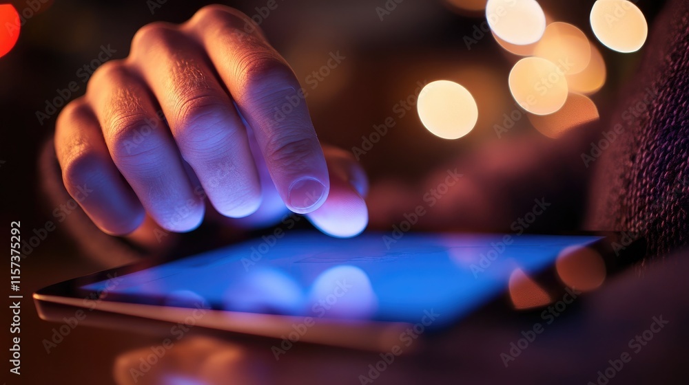 Poster person interacting with digital tablet in modern workspace with warm bokeh lights creating a cozy an
