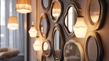 Obraz premium Ornate Mirrors and Lamps Adorn a Chic Interior Wall