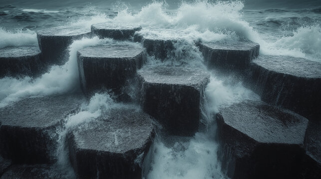 Giant's Causeway Storm: Dramatic waves crash against the ancient basalt columns of the Giant's Causeway, creating a breathtaking spectacle of nature's power. A moody, atmospheric image.