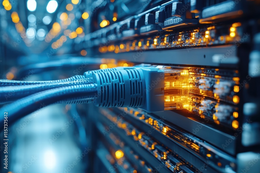 Poster close-up view of illuminated network cables in a modern server room during operational hours