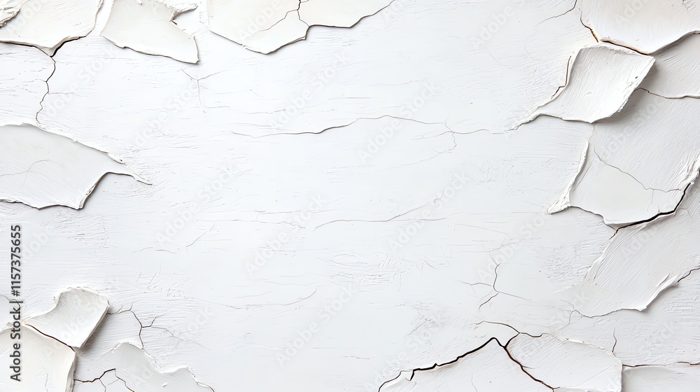 Poster close-up view of peeling white paint on a wall, showing texture and detail of cracked surface, perfe