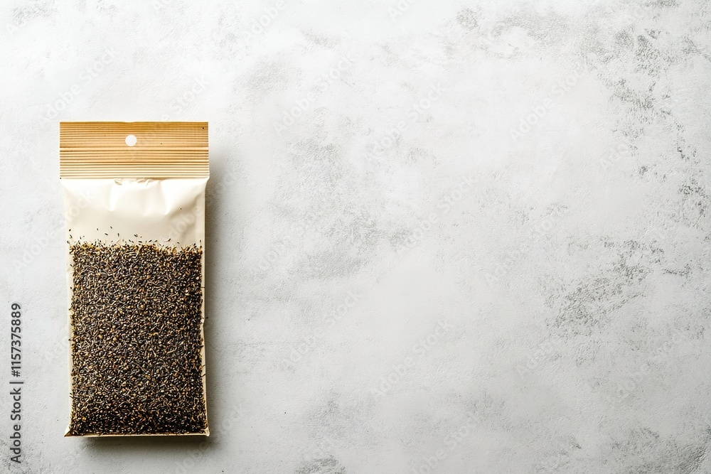 Poster single small seed packet with minimalist design positioned on left of frame allowing for ample space