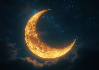 Golden crescent moon in night sky. (2)