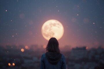 Young Woman Gazing at Full Moon Over City Skyline