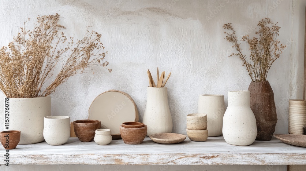 Poster elegant minimalist clay and linen home decor display with natural elements and varied textures on a 