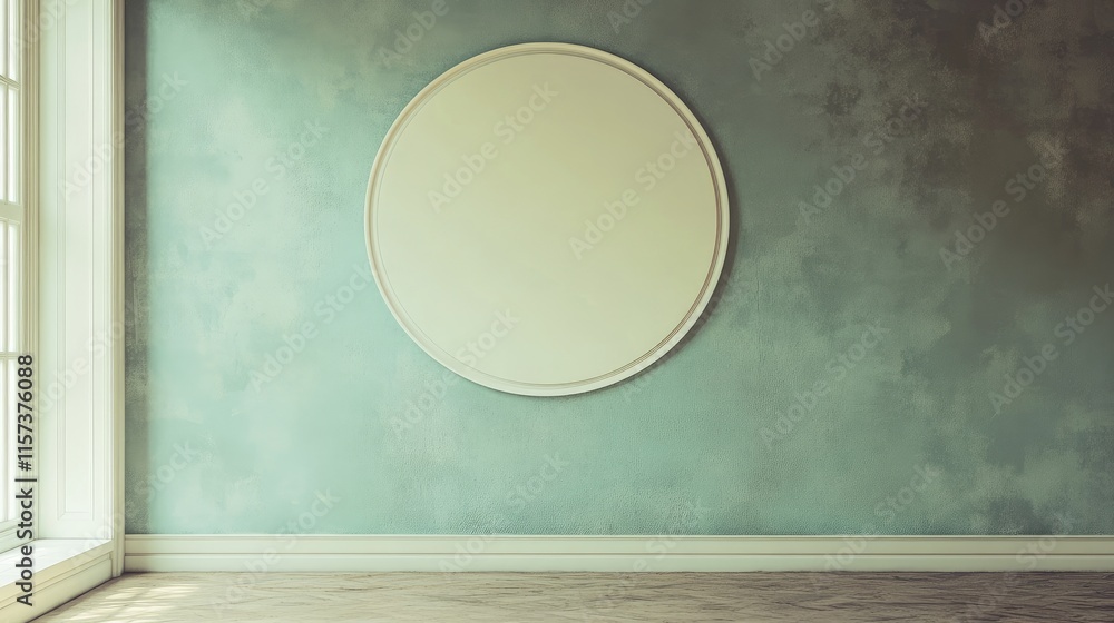 Poster minimalist circular frame on a bohemian styled wall with soft cream texture and natural light stream