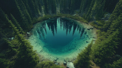 Banff National Park, Moraine Lake,: A tranquil aerial perspective reveals a serene emerald lake nestled amidst a dense forest. The clear blue waters reflect the surrounding trees.