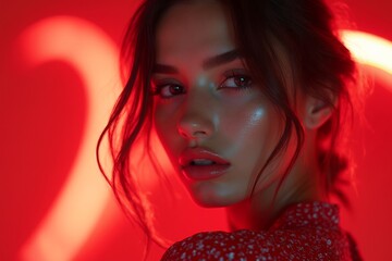 Stunning Portrait of a Young Woman with Red Neon Lights