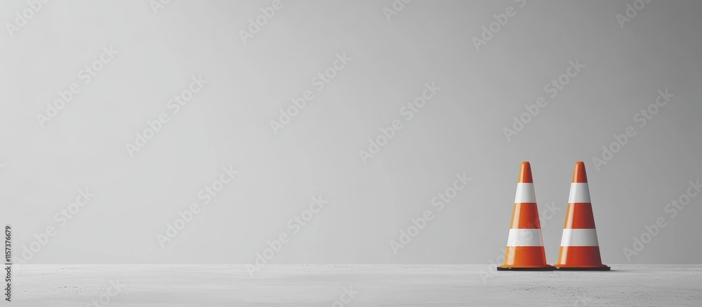 Poster minimalist construction zone with traffic cones and empty space for custom text or branding