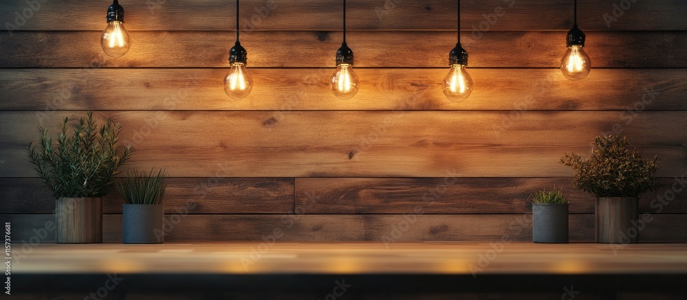 Poster cozy wooden tabletop with pendant lights creating ambiance and empty space for text in a minimalist 