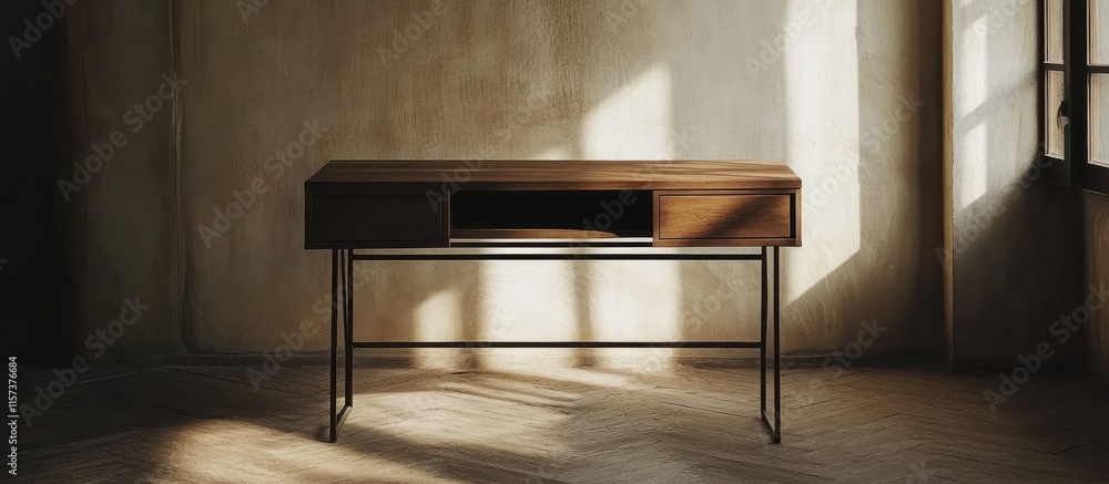 Poster minimalist wooden writing desk in a stylish loft setting with natural light and empty space for cust
