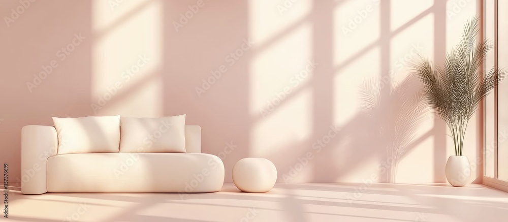 Poster minimalistic living room with soft color palette and modern design emphasizing space light and textu