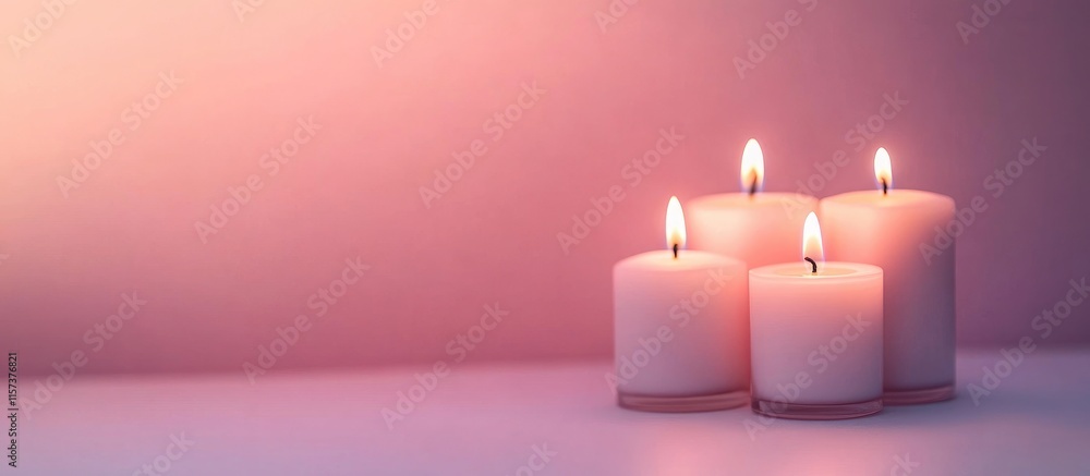 Poster cozy minimalistic workspace background featuring lit candles with soft pastel colors and ample empty
