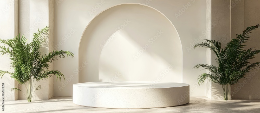 Aufkleber minimalist product display podium in serene empty space with natural light and greenery for branding