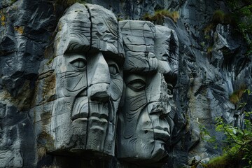 Ancient carved faces on cliffside