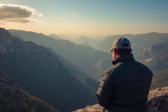Man Enjoying Scenic Mountain View at Sunset - Powered by Adobe
