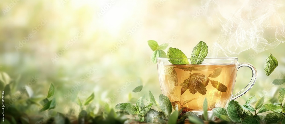 Poster mint tea in clear glass cup surrounded by fresh leaves with soft sunlight creating a serene atmosphe
