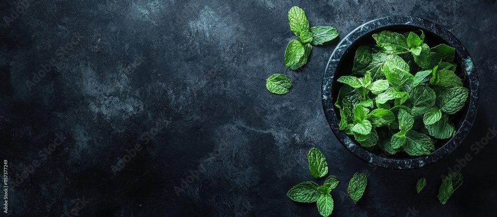 Poster fresh mint leaves in a mortar and pestle on a dark textured surface with ample blank space for custo