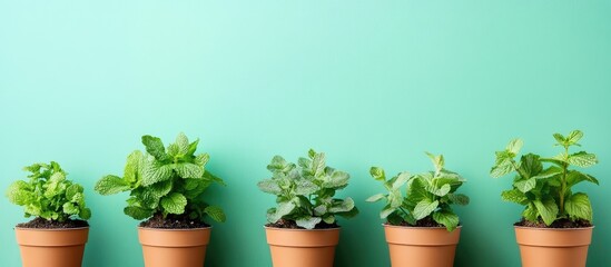 Fototapeta premium Mint plants in terracotta pots arranged against a turquoise wall with blank space for text or product promotion.