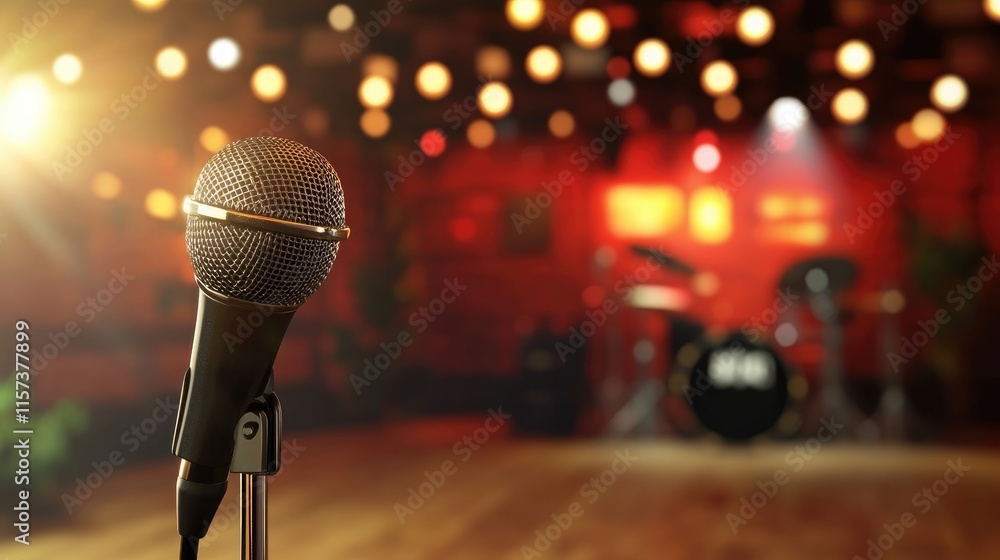 Poster empty music stage with microphone and blurred background creating atmospheric vibes for performances