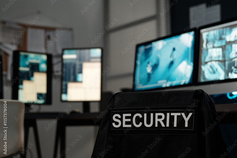Poster Black uniform with word security hanging on empty chair standing by workplace of officer with several computer monitors