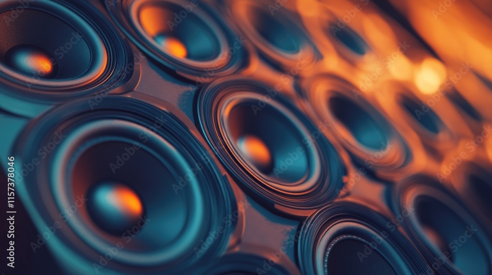 Poster row of vintage audio speakers with warm lighting creating a dynamic abstract background for music an