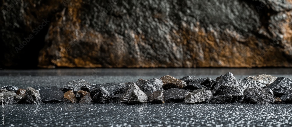 Poster close up of wet gravel with blurred dark rock in background creating a dramatic and moody natural sc