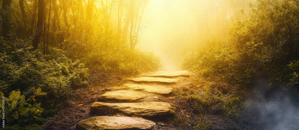Poster enchanting forest pathway shrouded in mist with warm light and open space for text overlay or creati