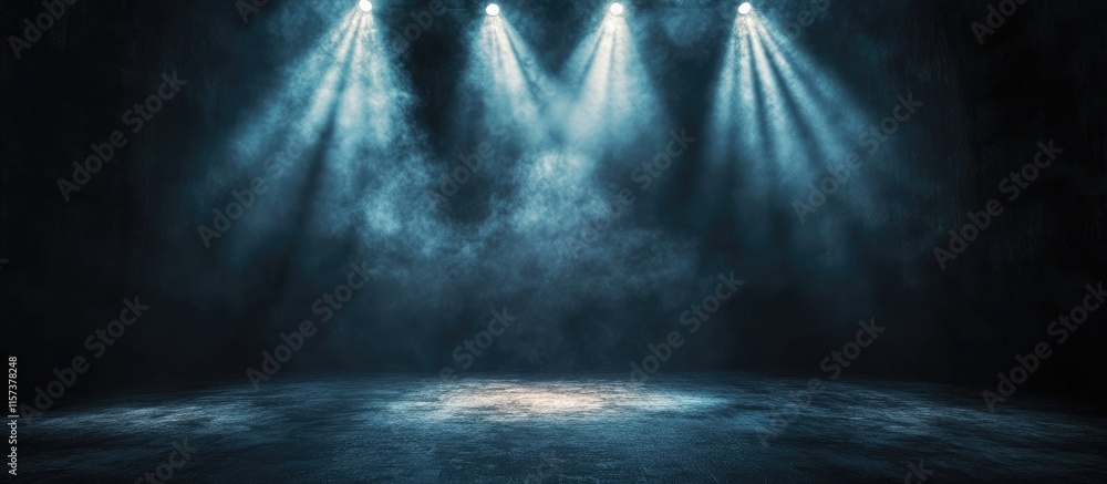 Poster dramatic illuminated stage with spotlights creating an atmospheric scene and empty space for text or