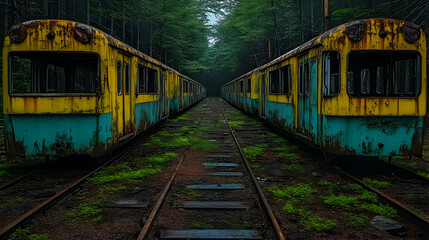 Fototapeta premium Abandoned train carriages with faded paint, overgrown forest setting, eerie atmosphere