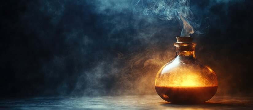 Ancient magical potion in a glass bottle with smoky dark background and highlighted empty space for creativity and text integration