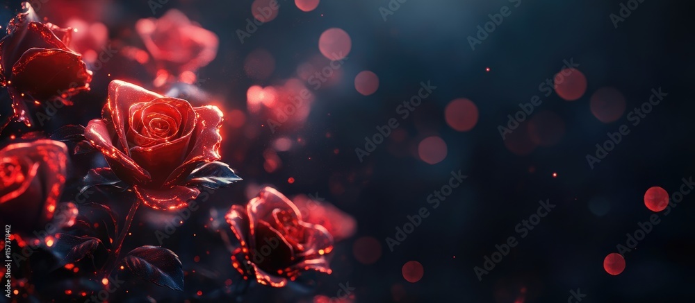 Poster glowing nano scale roses on a dark background with ample empty space for promotional or artistic tex