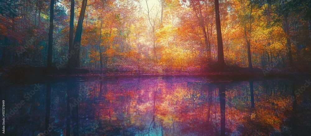 Poster vibrant autumn forest reflections in serene water with colorful foliage and ample blank space for cu