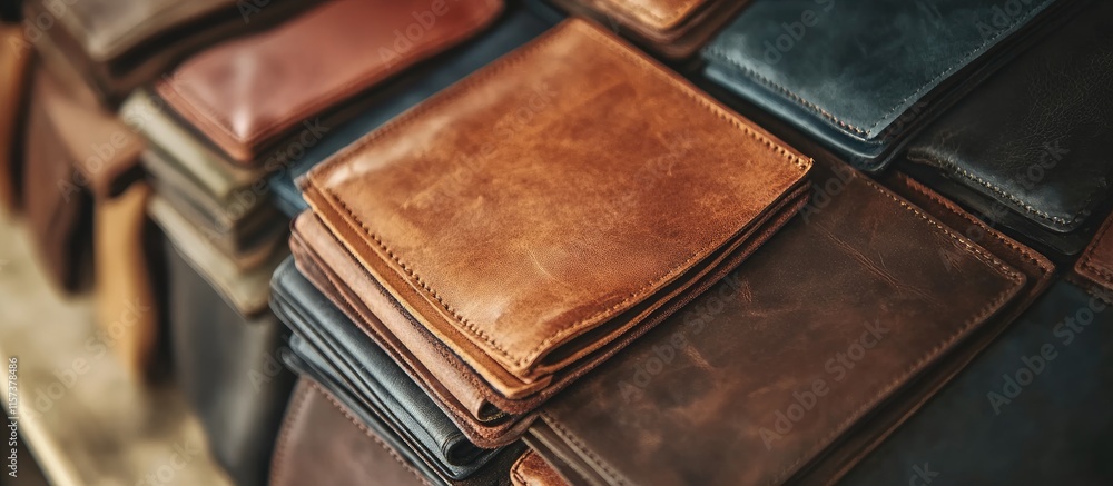 Poster Handcrafted leather wallets stacked neatly showcasing quality craftsmanship and design with ample space for custom text or branding