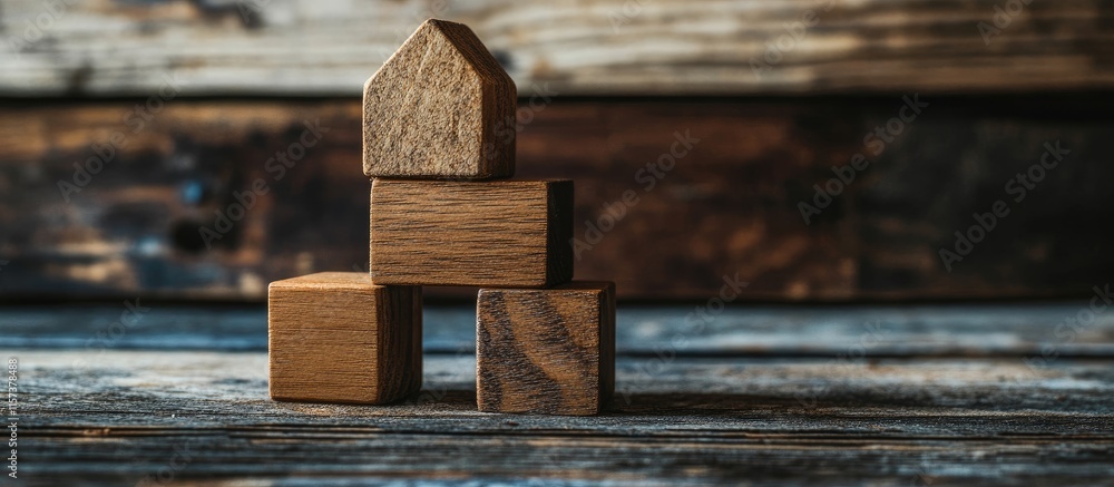 Poster wooden building blocks arranged creatively with a rustic background providing space for text or narr