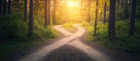 Obraz premium Diverging forest path at dusk with soft sunlight casting shadows creating a serene atmosphere ideal for inspirational or reflective themes