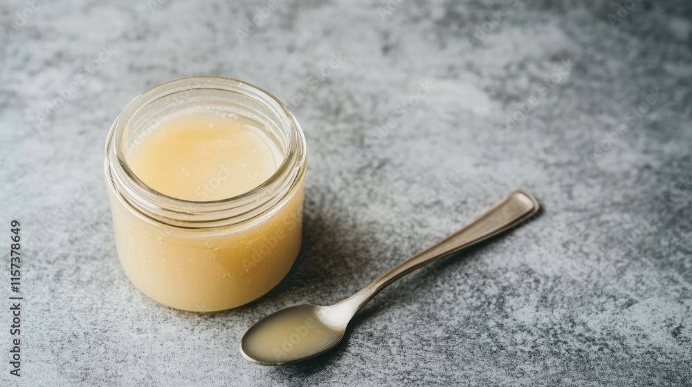 Poster open jar of syrup with silver spoon on rustic gray surface displaying texture and simplicity in food