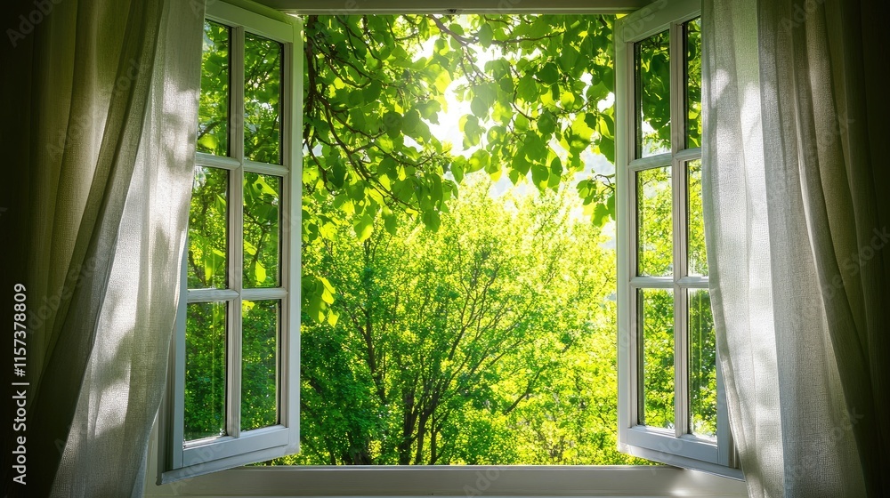 Aufkleber sunlit open window with flowing curtains overlooking lush green trees in a serene natural setting