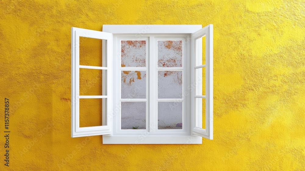 Poster open white window frame displaying textured yellow wall background with rustic charm and natural lig
