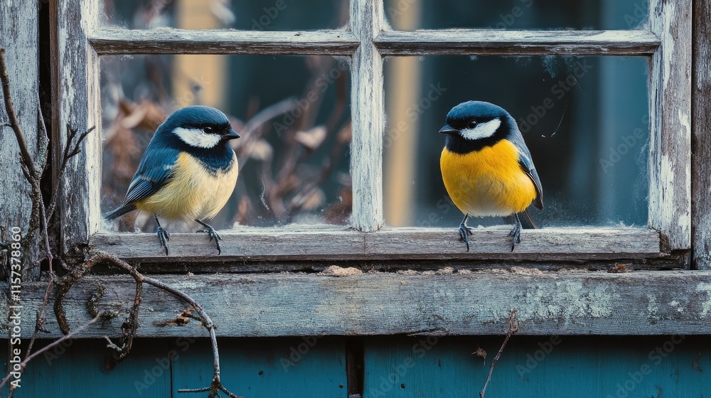 Poster two colorful birds perched on a weathered window ledge in a rustic setting surrounded by nature's be