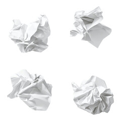 Crumpled white paper balls displayed in various shapes, showcasing their textured surfaces and wrinkled appearance.