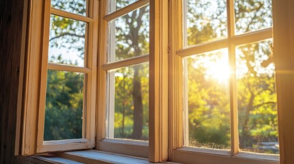 Fototapeta premium Bright Natural Light Streaming Through Open Office Windows During Cleaning and Maintenance
