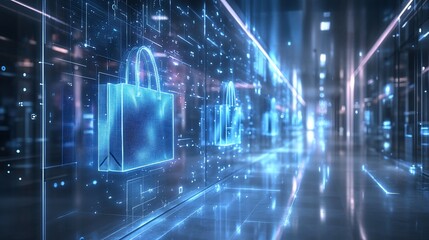 Secure online shopping, digital data protection, futuristic network security.