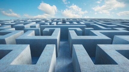 Navigating workplace challenges for personal growth and fulfillment in a creative maze environment under a bright sky.